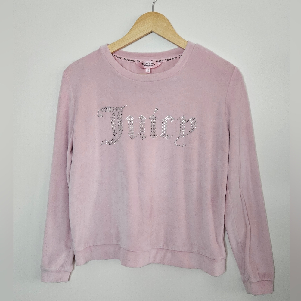 Juicy Couture Pink Velour‎ Rhinestone Logo Pullover Sweatshirt Size S